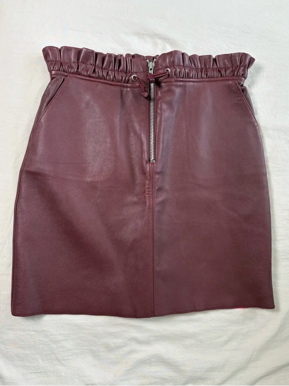 Maje Jet Leather Burgundy Paperbag Mini Skirt w/ Front Zipper and Drawstring
